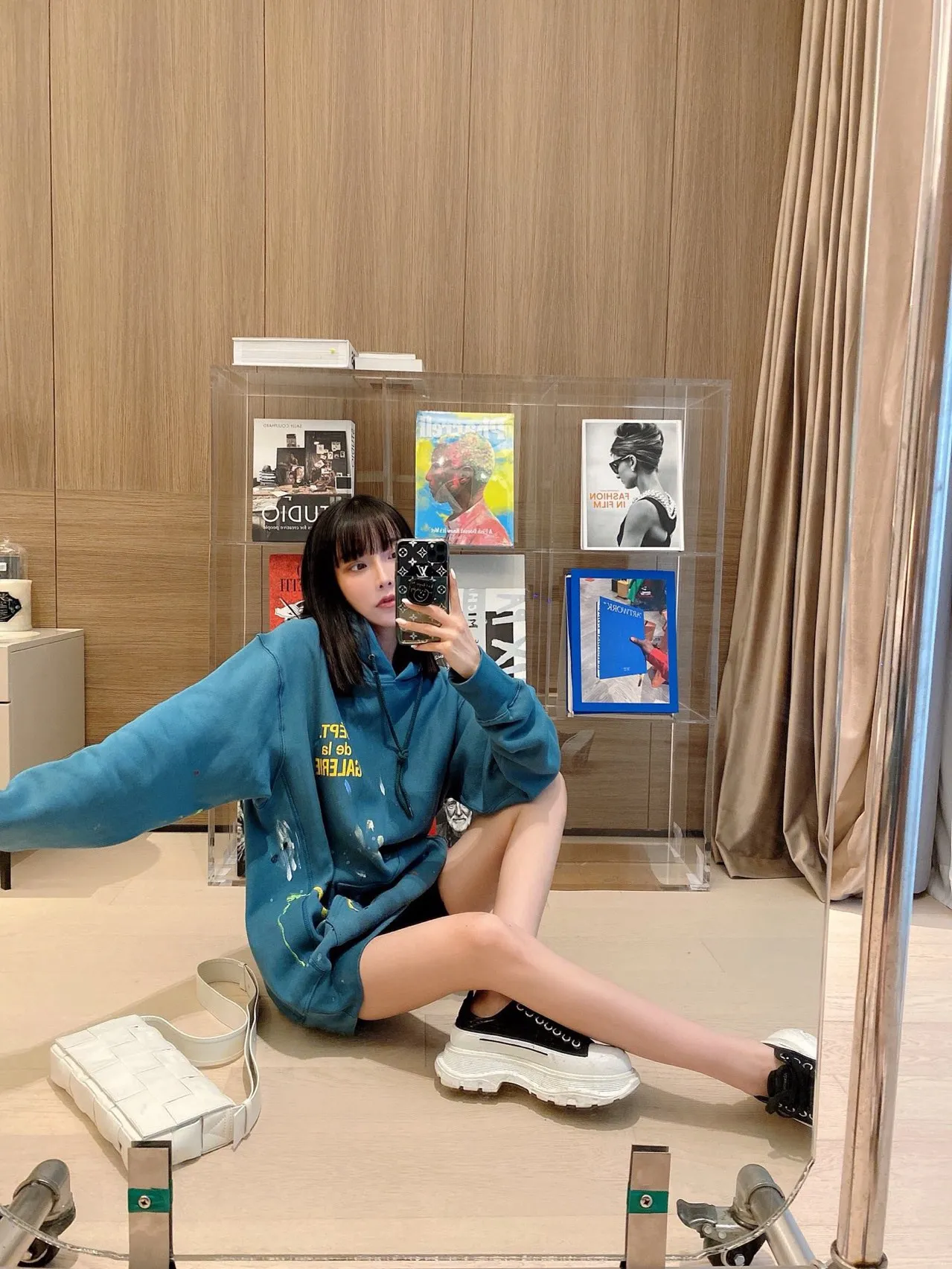 Same style as Bai Jingting Gallery Dept. French Logo Hoodie Splashed ink French basic logo hoodie Vintage splashed ink washed distressed sweatshirt Lake green S-XL